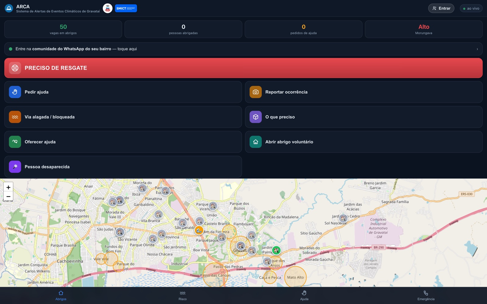 ARCA — Sistema de Alertas de Eventos Climáticos de Gravataí, mapa de abrigos ao vivo