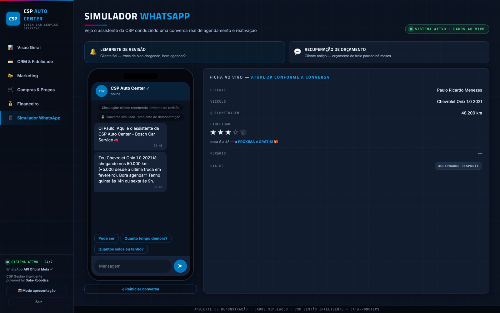 Simulador do agente de WhatsApp da demo CSP com ficha do cliente ao vivo